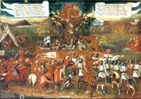Teutonic Knights arrive to the Land of Chełmno, 1713, District Museum in Toruń. The picture is a literal illustration to the 14th century chronicle of Petrus de Dusburg who told the story of the beginnings of the Toruń stronghold. Click to enlarge.