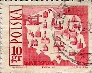 Polish stamp with Torun theme: Old City Town Hall, among the symbols of other cities on map of Poland, 1966. The stamp is one of nine in a series of Tourism.