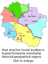 Most attractive tourist localities in the Kuiavia-Pomerania region with the background of the historica-geographical regions. Click to enlarge.