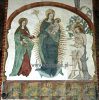Gothic polychrome mural of St. Mary Apocaliptic, St. Dorothy and St. Sebastian, late 15th century