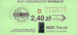The ticket printed MZK Torun and the holographic mark entitles to travel by public transport of MZK Torun 